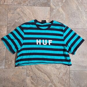 HUF Womens Striped Cropped T Shirt Teal Black Logo XL Raw Edge
